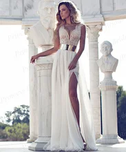 ZYLLGF Bridal Sheath V Neck Beaded Chiffon Winter 2014 Bridal Cap Sleeve High Slit Wedding Dress