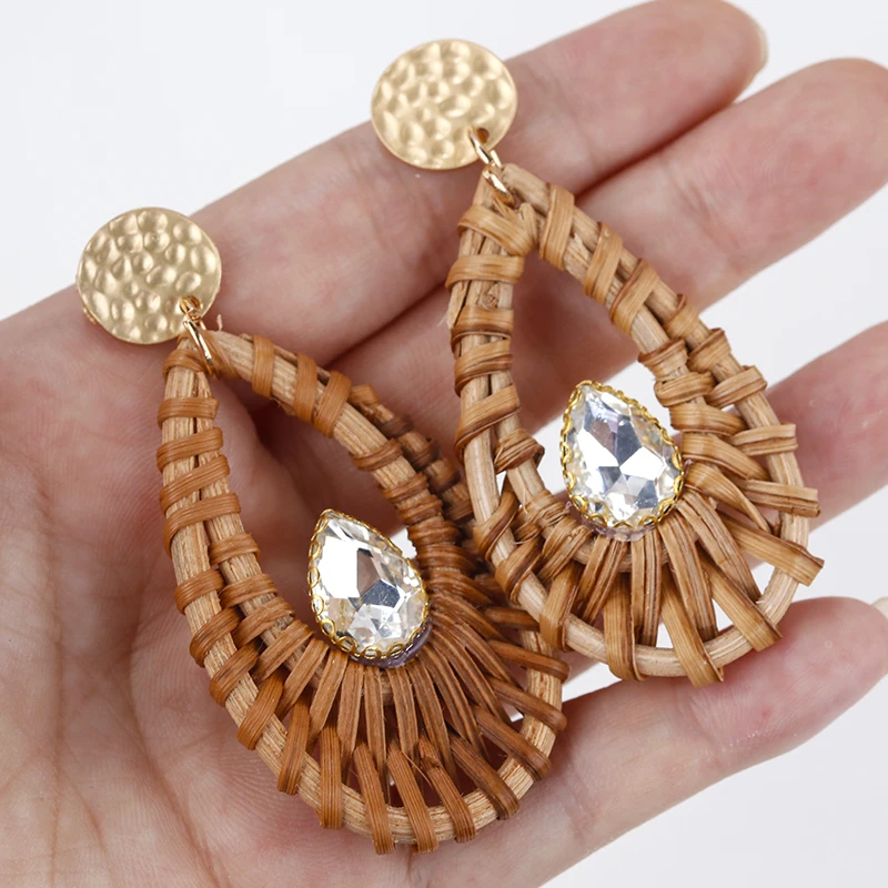 

AENSOA 2019 Vintage Creative Ethnic Drop Earrings For Women Water Drop Glass Drill Handmade Wooden Earrings Fashion Jewelry