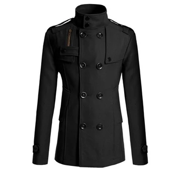 Gabardina negra de lana para hombre, abrigo largo informal ajustado, para invierno