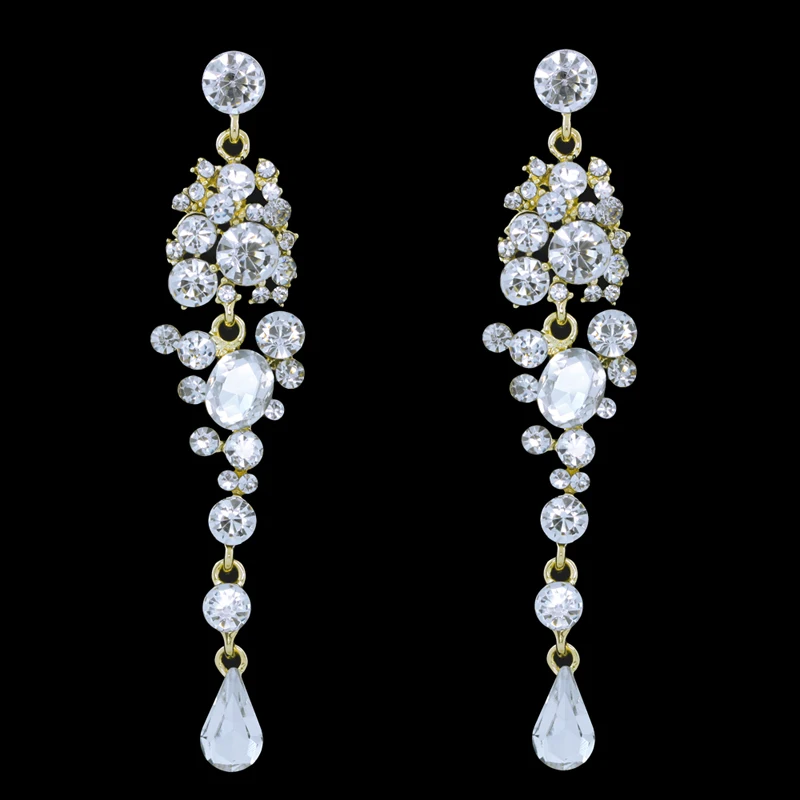 Luxury Crystal Gold Long Earrings Rhinestone Bridal
