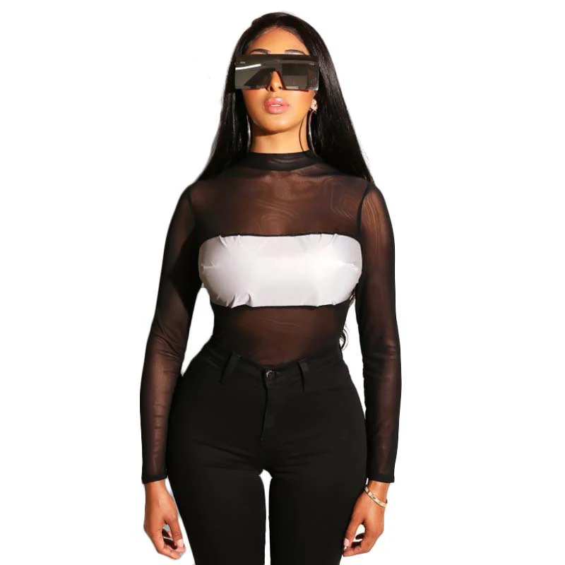 

New 2018 Summer Bodysuit Women Sexy Black O Neck Patchwork Long Sleeve Ladies Lace Mesh Bodysuit Transparent Tops Playsuits