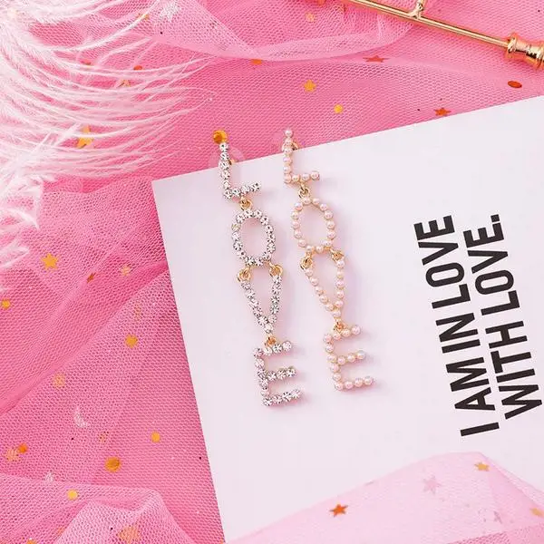 Latest Long Links Love Letter Alphabet Rhinestone Pearl Jewelry Earrings For Wedding