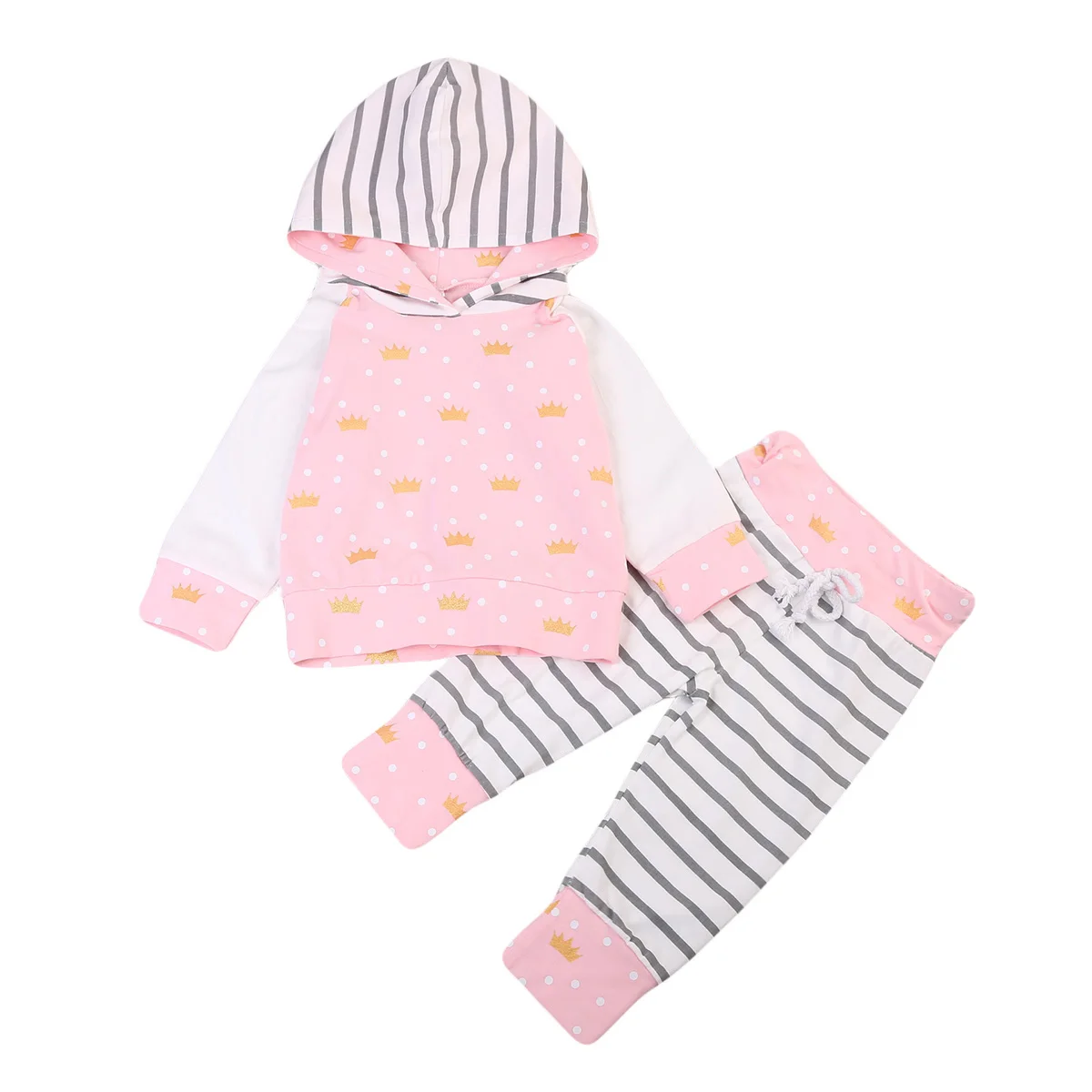 Осень г. Одежда для новорожденных девочек милый костюм принцессы тиара с капюшоном+ штаны в полоску розовый комплект одежды для малышей - Цвет: Розовый