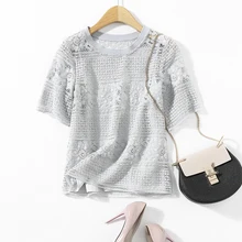 Новая Мода Круглый Воротник Футболки с Короткими Рукавами Кружева Крючком Выдалбливают Футболку