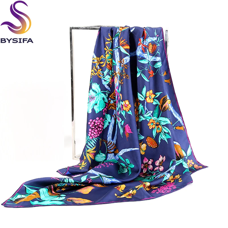 

Brand Navy Blue Silk Scarf For Ladies 2016 Autumn Winter Square Scarves Wraps New Design Plants Flowers Scarf Shawl 90*90cm