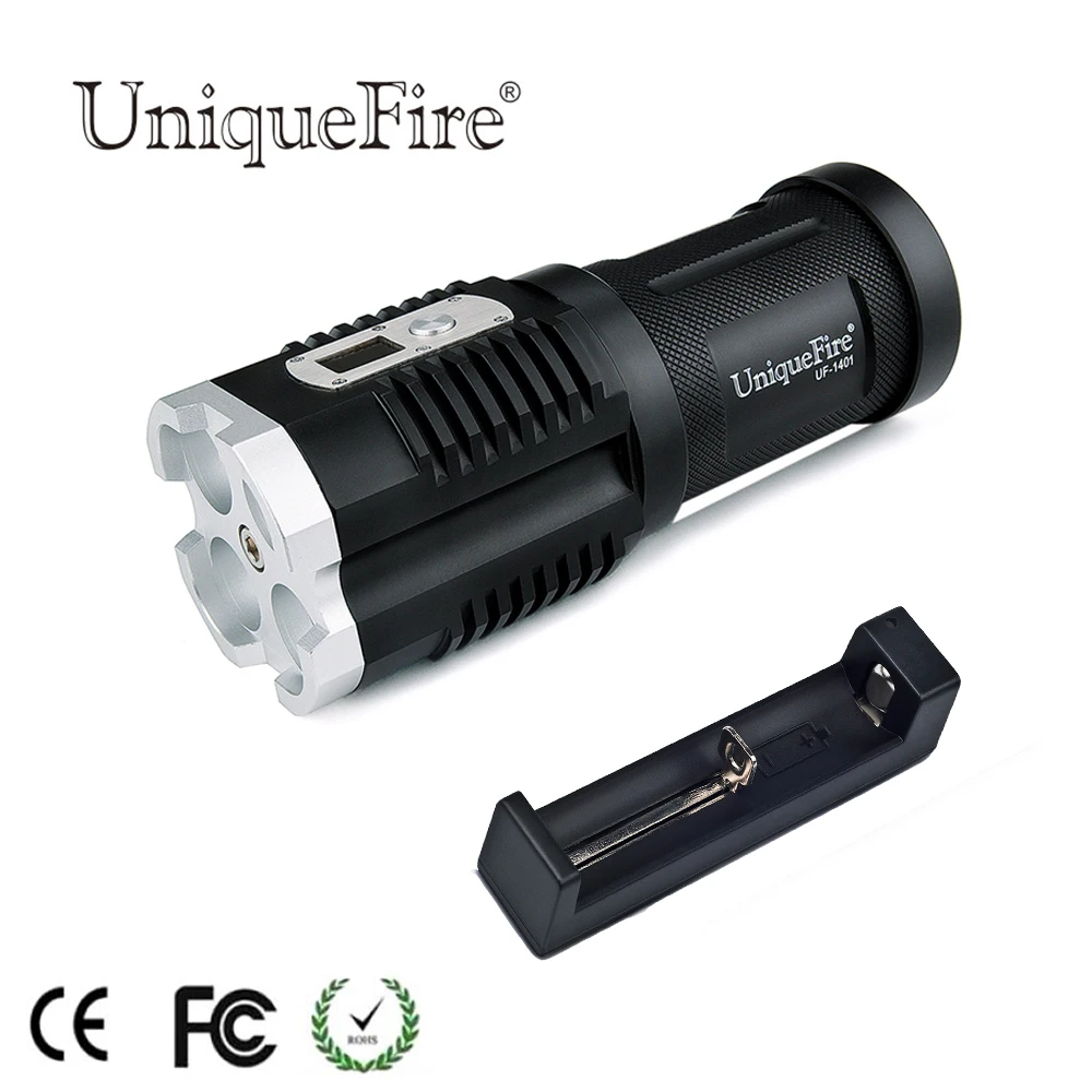 UniqueFire 1401 XM-L2 Powerful Flashlight 4*LEDs 4000LM 5 Modes Digital Display Strong Torch Light+Charger For Camping UniqueFire 1401 XM-L2 Powerful Flashlight 4*LEDs 4000LM 5 Modes Digital Display Strong Torch Light+Charger For Camping