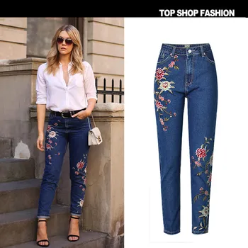 

2018 Eyes Oversize Embroidery Vintage Women Jeans Elegant Pants Flower Elasticity Blue Jeans