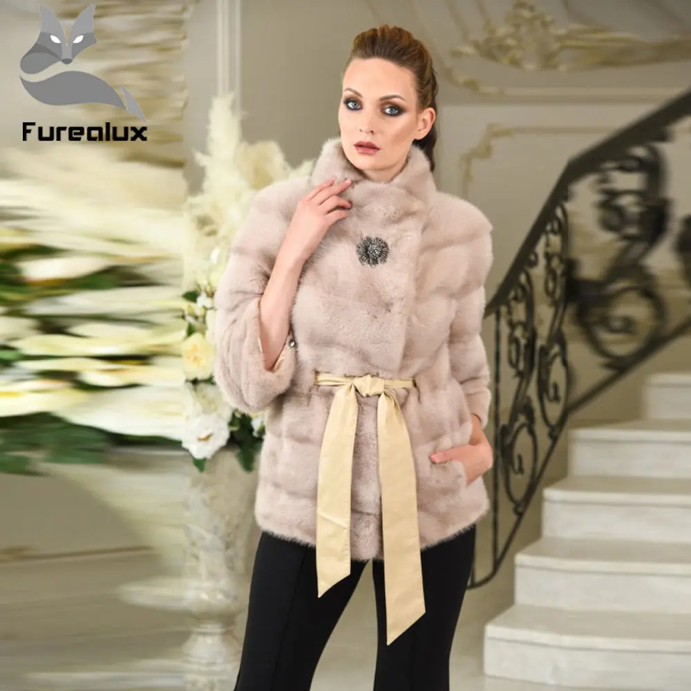 

Furealux 2019 Women Real Mink Fur Jacket Stand Collar Short Natural Mink Coats Genuine Fur Jacket luxury Winter Woman Coats