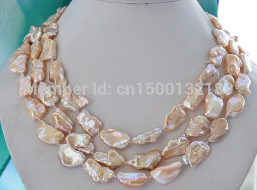 

j0040 3row 20mm PINK BAROQUE KESHI REBORN biwa PEARL NECKLACE (C0309)
