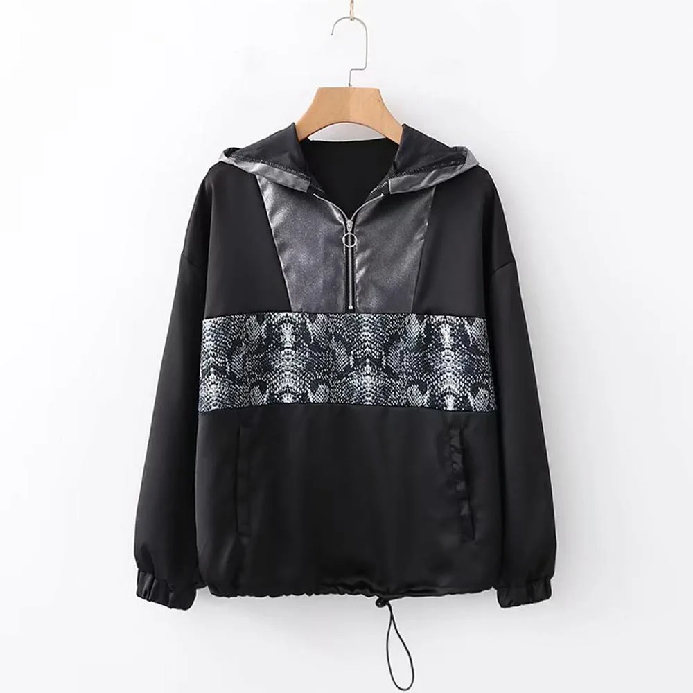 

ANSFX Snake Pattern Patchwork Baseball Bomber Kangaroo Pocket Hooded Pullover Jacket Long Sleeve Sports Jog Coat Outerwear Top