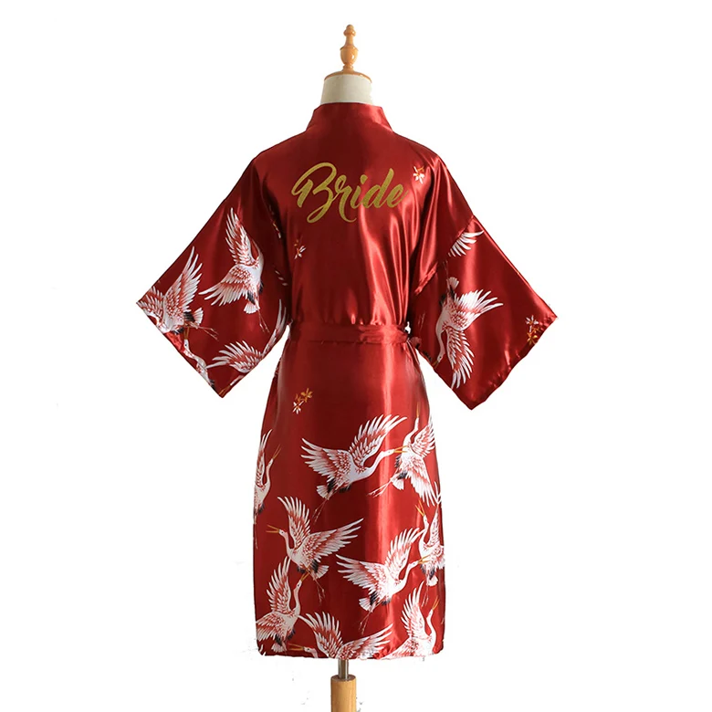 BZEL невесты пеньюары домашний халат для женщин свадебный халат кран узор банный халат шелковое атласное кимоно ночное белье для женщин Ночная рубашка - Цвет: wine red