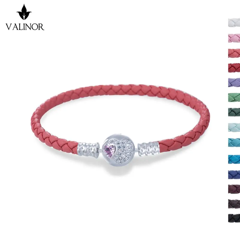 

12 colors available Leather bracelet with Pink heart shaped zircon lock 925 Sterling Silver Bracelets BZSL002