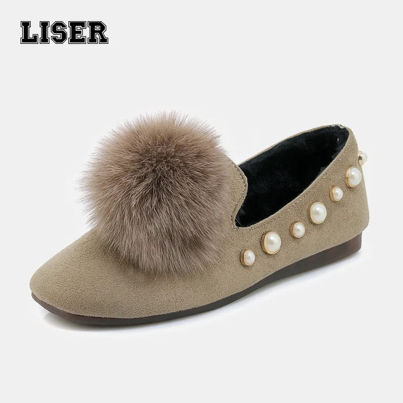 

women winter loafers flock upper pearl embellished fur plush inside non slippery soft bottom driving casual shoes for ladies