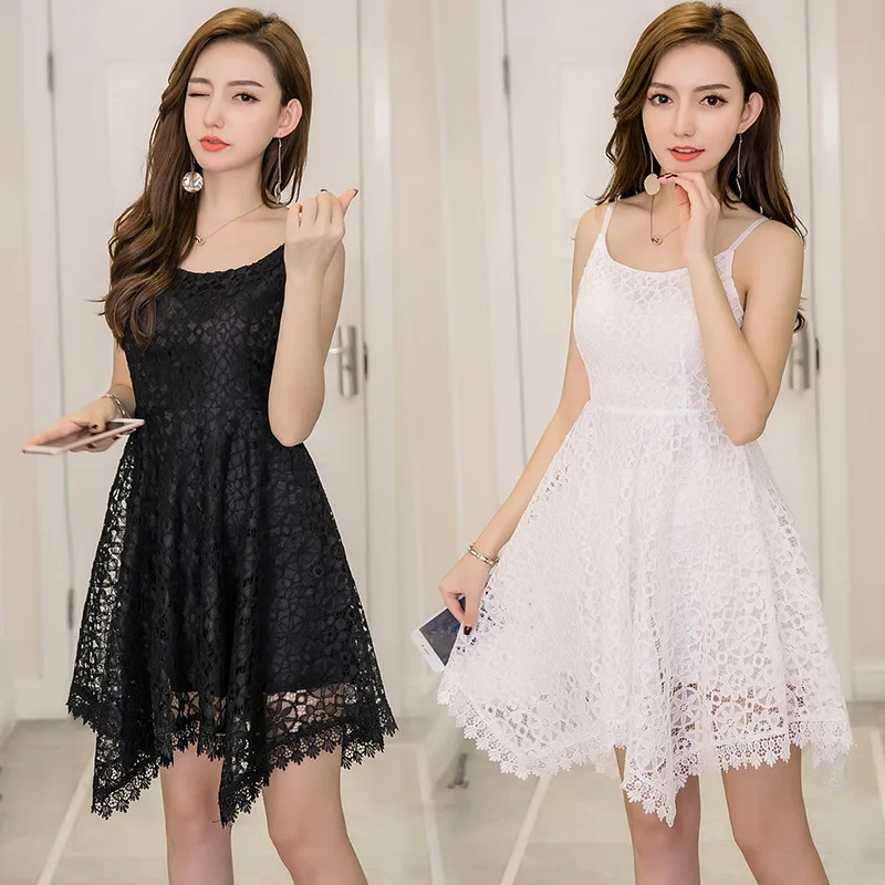 2018 New Hollow out lace dress women elegant spaghetti strap white lace sling dress vintage sleeveless black crochet dresses