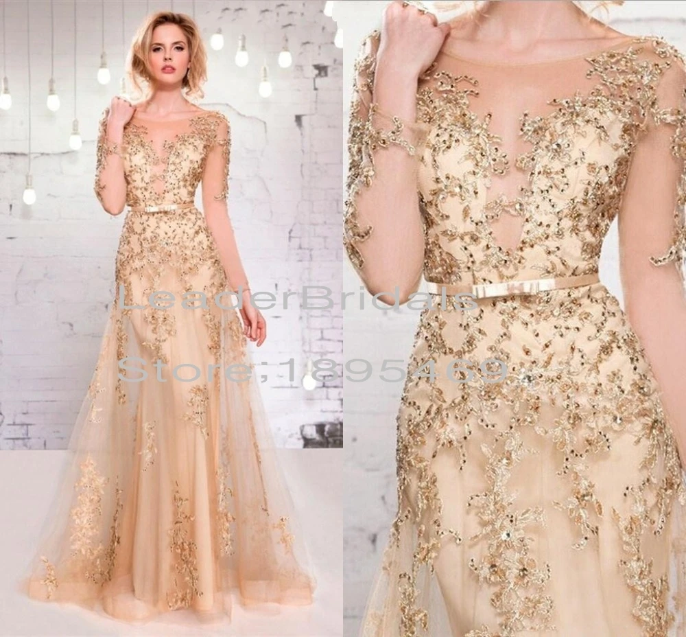 New Mother of the Bride Dresses Gold Tulle Applique Beaded Crystal Sequins Vestidos De Festa Floor