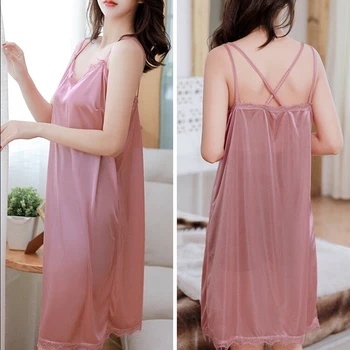 

Ladies Sexy Silk Satin Night Dress Sleeveless Nighties V-neck Nightgown Nightdress Lace Sleepwear Nightwear