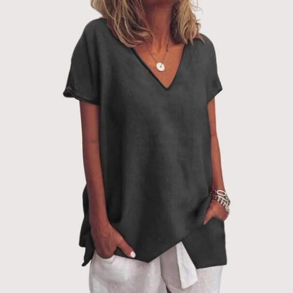 

Vest Top Tee Shirt Femme T-shirt Women Cotton Plus Size Summer Pullover Fashion Loose Short Sleeve V-Neck Basic 2019 Hot