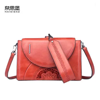 

NAiSIBAO 2020 New Cowhide women genuine Leather bag Embossed bag luxury fashion designer women leather shoulder bag