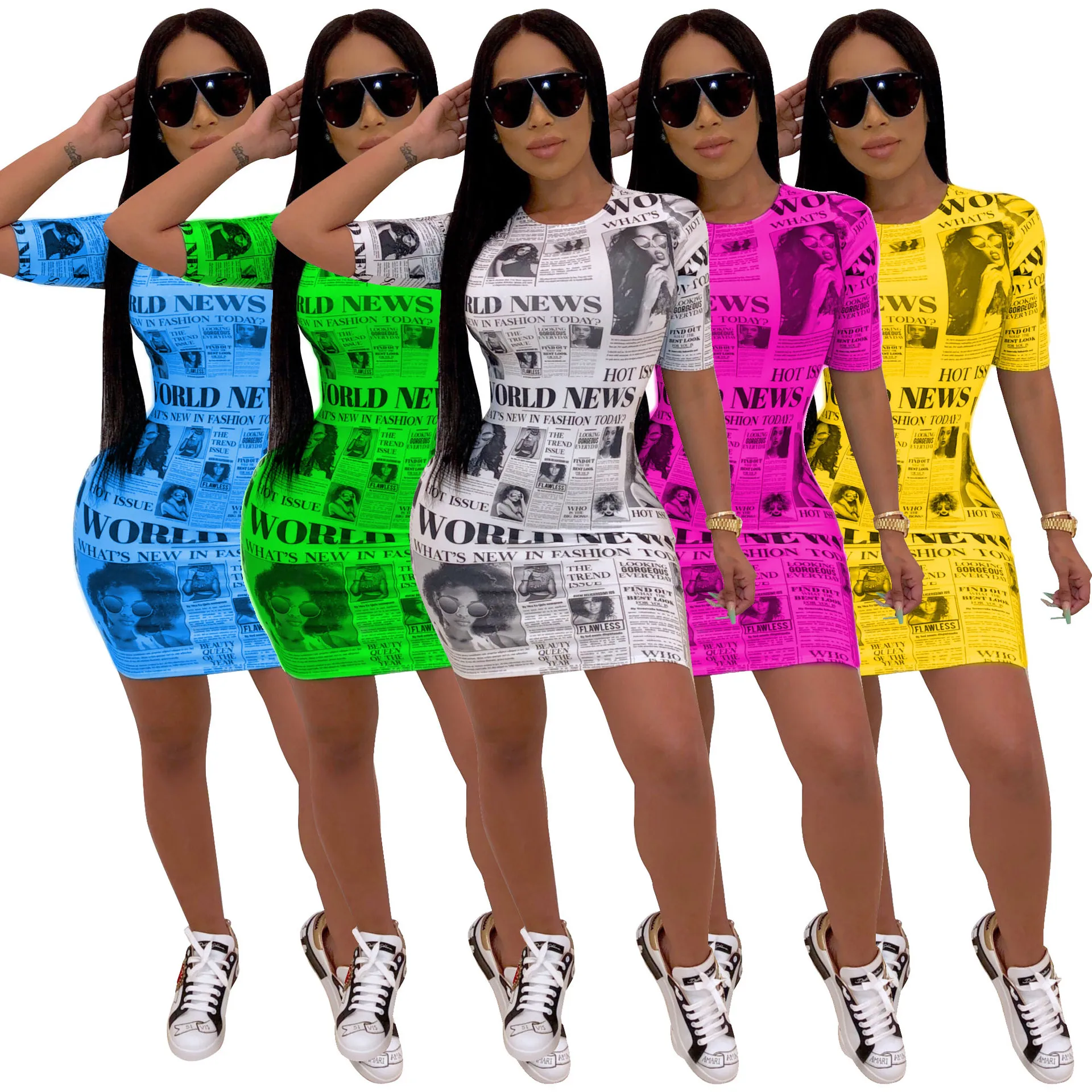 

New Summer Fashion Women Dresses Newspaper Printed Short Sleeve Bodycon Mini Dress