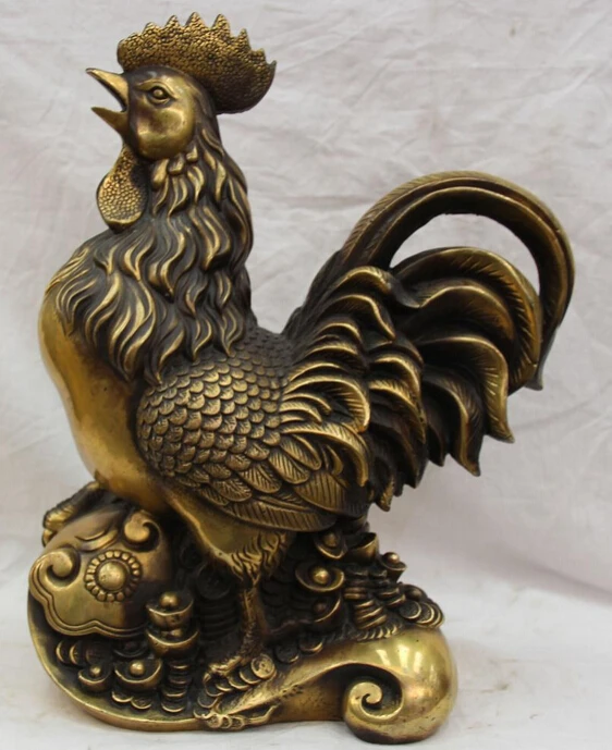 

JP S62 14" Chinese Fengshui Copper Zodiac Year Cock Rooster Ru Yi Money Yuanbao Statue Discount 35%