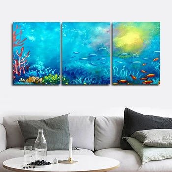 

Laeacco Watercolor 3 Panel Underwater World Wall Artwork Sea Fish Posters and Prints Canvas Painting Home Living Room Decor