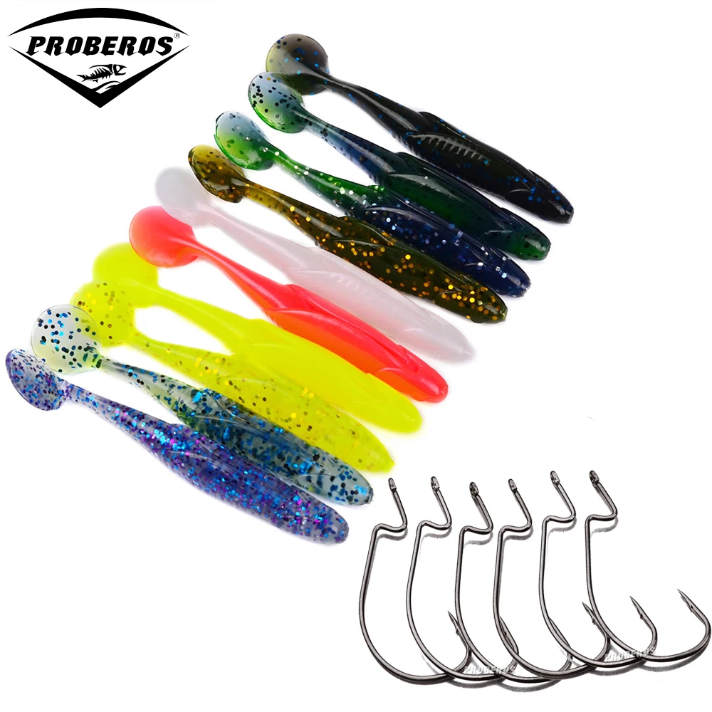 100pcs Hook + 20Pcs Soft Silicone Bait Fishing Lure Floating Worm 9cm