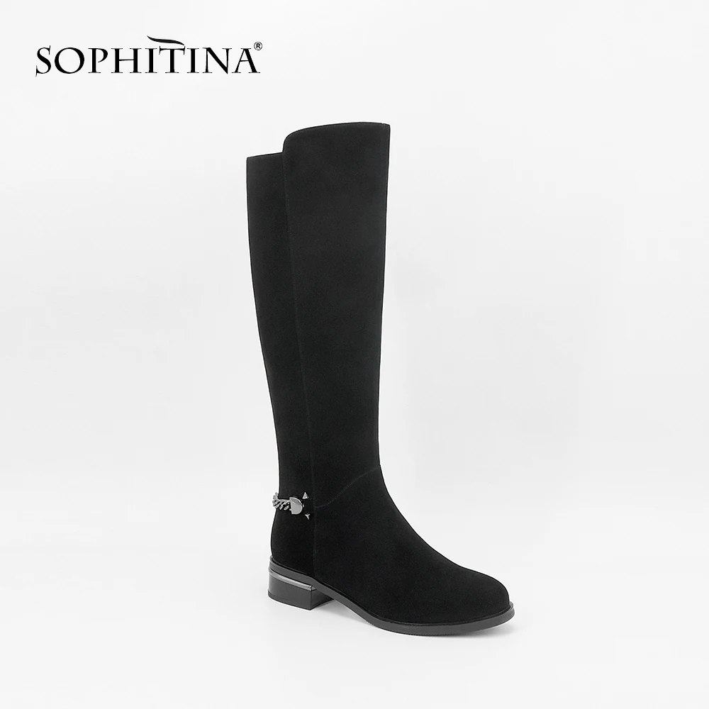 Black Stiefel Echtem Winter Sc61 Frau Leder Ferse Aus Platz Qualität Kid Kappe Wildleder Schuhe Mode Sophitina Kette hohe Schwarz Knie Runde UnCxBwF