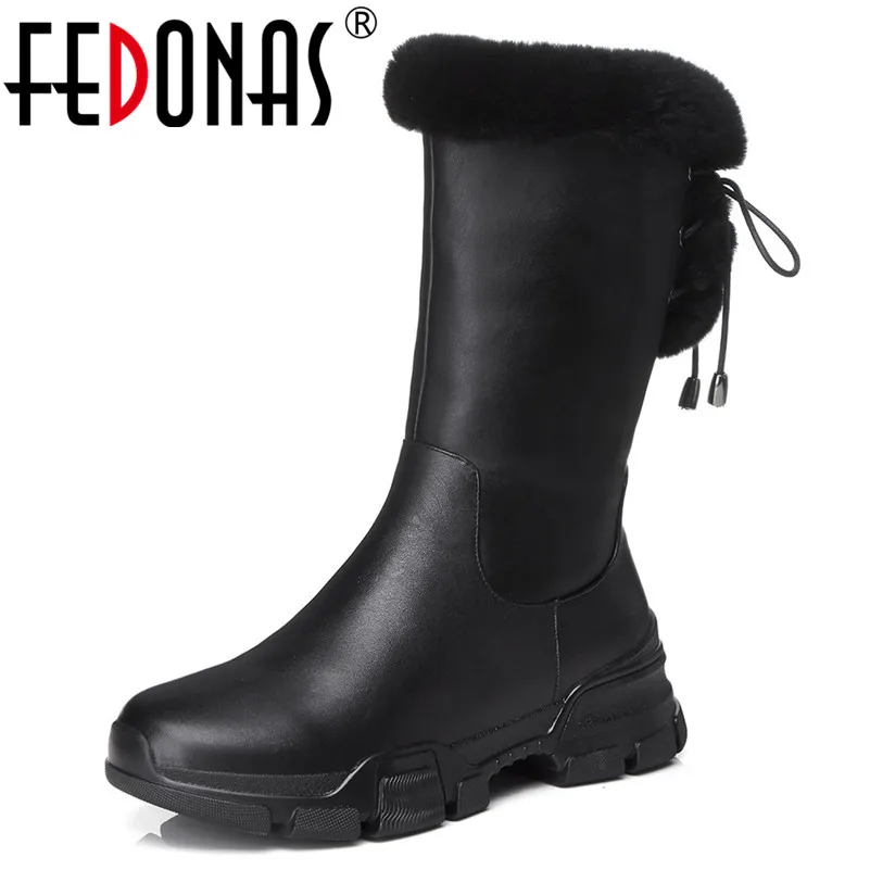 

FEDONAS New Black Women Mid-calf Boots Platforms Warm Winter Snow Boots Lace Up Platforms Long Ladies Shoes Woman High Boots