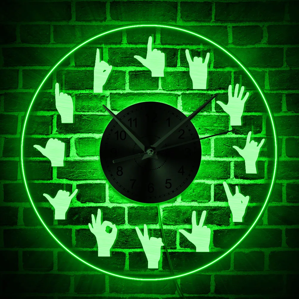 1Piece Silhouette Hand Signs Quartz Wall Clock With Color Changing LED