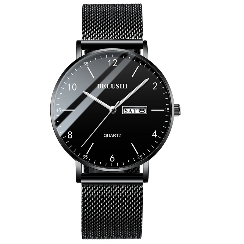 Online 2019 Vigilanza Degli Uomini Ultra Sottile Maglia di Acciaio Al Quarzo Orologio Da Polso Doppio Calendario Semplice Nero Orologio Uomo Hodinky Orologio Uomo Relogio Masculino