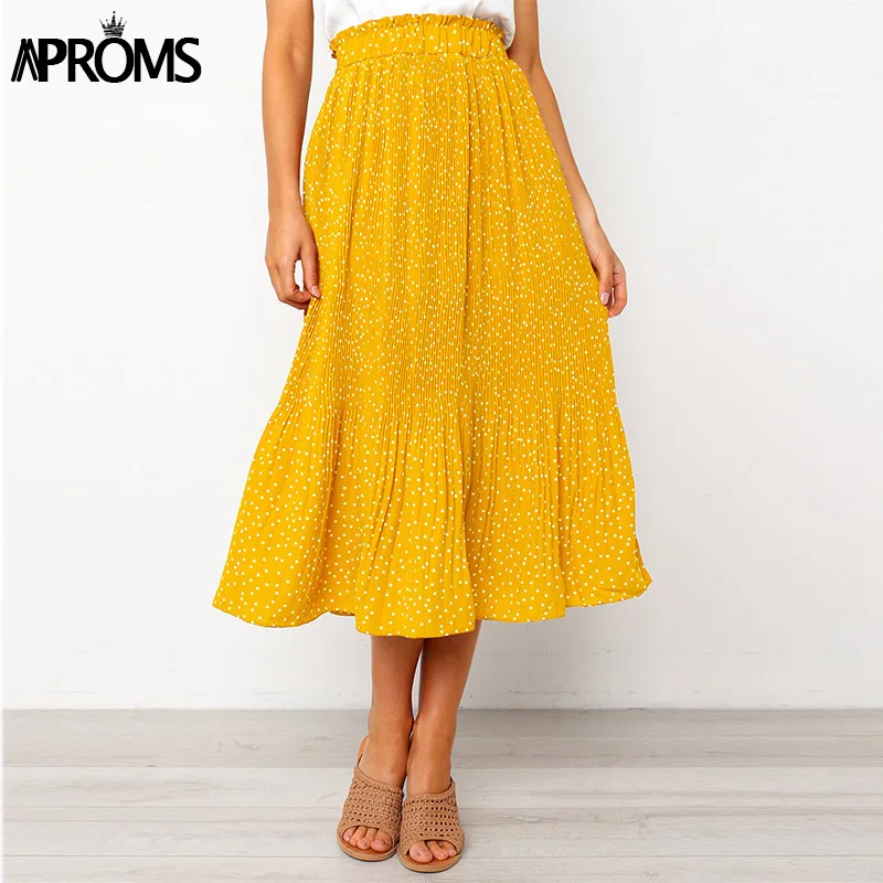 Aproms, плиссированная юбка миди в белый горошек с цветочным принтом, Женская эластичная юбка с высокой талией и боковыми карманами, летняя коллекция, элегантная женская юбка