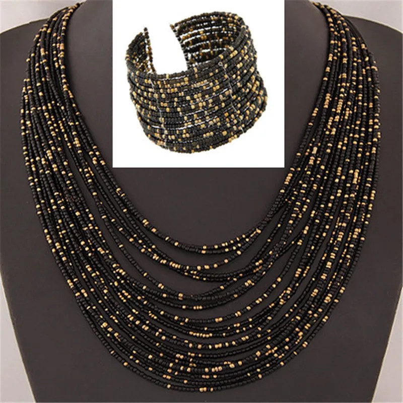 DIEZI African Acrylic Beads Jewelry Sets Bohemia Necklaces Bangles Women Fashion Statement Multilayer Necklace New Jewelry Set