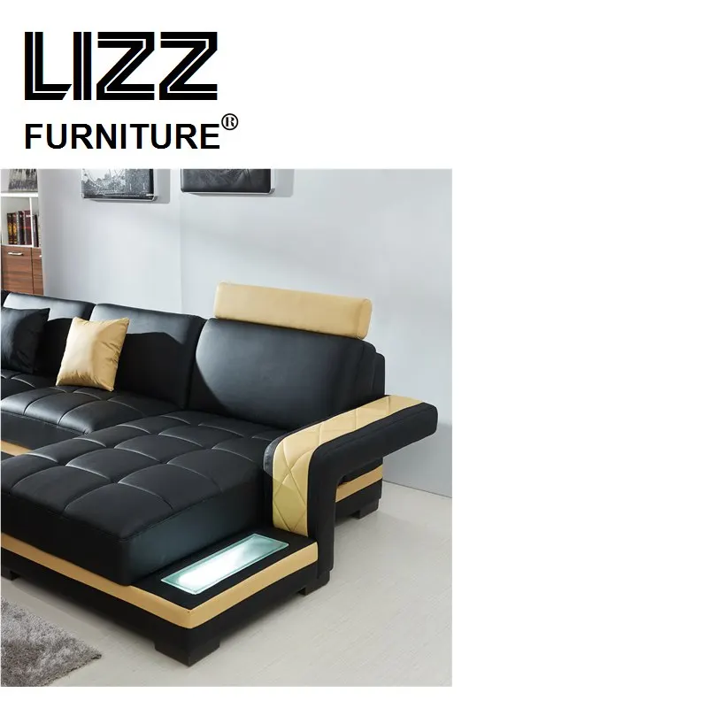 New Design--modern Creative U Shape Genuine Leather Sectional Sofa modular lounge furniture living room sofa set with LED light