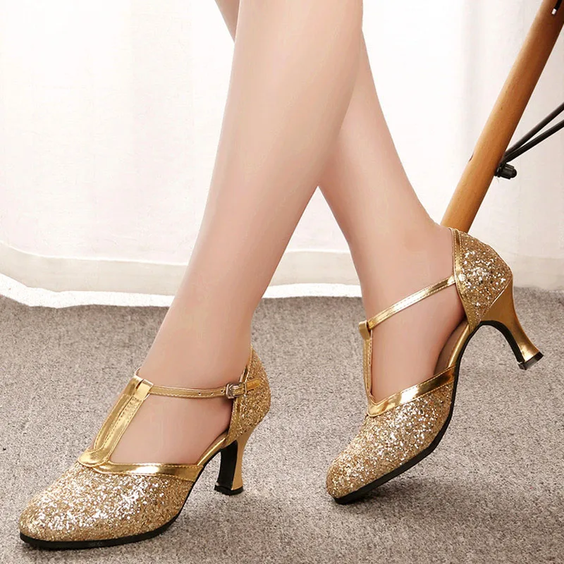 Zapatos de tacón bajo dorados para mujer, calzado baile latino, boda, fiesta, color dorado y plateado, envío directo -