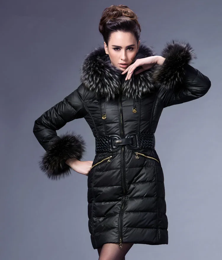 AYUNSUE, роскошный зимний пуховик, женский, теплый, толстый, белый, утиный пух, куртки, натуральный мех енота, воротник, длинный, тонкий, пальто 1507201