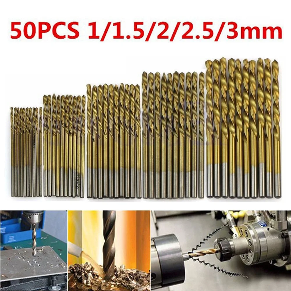 

50Pcs/Set 1mm 1.5mm 2mm 2.5mm 3mm Titanium Coated Twist Drill Bit Set High Speed Steel Wood Drilling Metalworking Power Tool