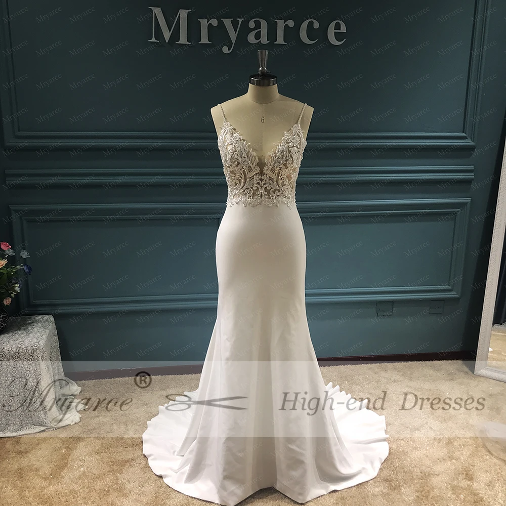 Mryarce Unique Bridal Lace Beading Open Back Overskirt Wedding Dresses Sienna Crepe Mermaid Gown With Detachable Train wedding gown