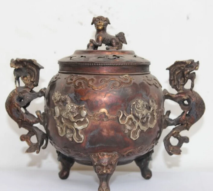 

USPS to USA S2042 Old Chinese China Bronze Dragon Foo Fu Dog Statue Incense Burner Censer