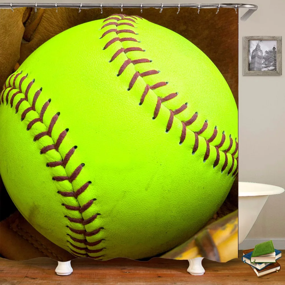 

Green baseball Printed Polyester Waterproof Shower Curtain (include 12 pcs Hooks) 180*180cm