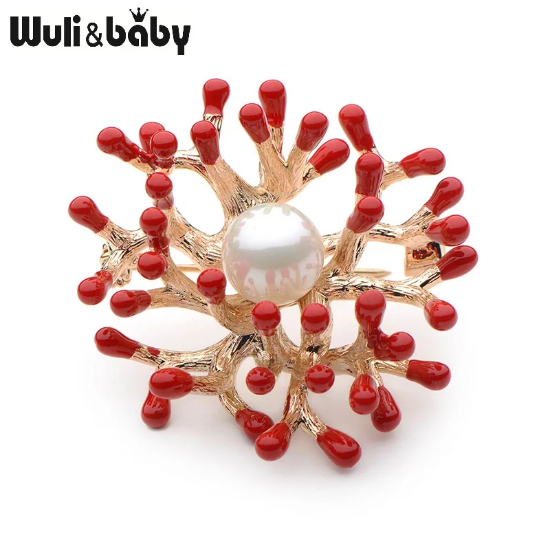 

Wuli&baby Simulated Pearl Red Coral Flower Brooches Women's Metal Flower Plants Weddings Dress Banquet Brooch Gifts