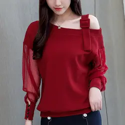 Блузка с открытыми плечами Женская винтажная Блузка Femininas Elegante женская одежда женские Топы с длинным рукавом черные красные рубашки Femme