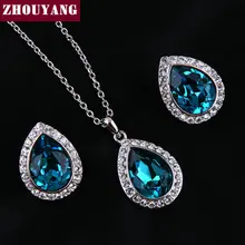 ZYS276 Luxurious Water Drop Blue Crystal Platinum Plated Jewelry Necklace Earring Set Rhinestone Made with Austrian Crystals