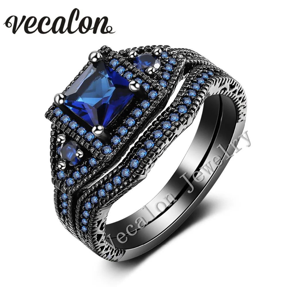 vecalon romantic lovers wedding band ring set blue stone 5a zircon cz 10kt black gold filled female engagement ring - Blue Wedding Ring Set vecalon romantic lovers wedding band ring set blue stone 5a zircon cz 10kt black gold filled female engagement ring - Blue Wedding Ring Set