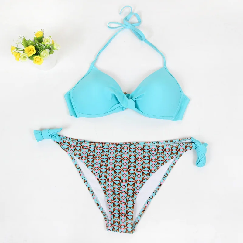 Bikini 2019 Brazilan Swimwear Women Solid High Cut Triangle Halter Bathing Back Adjustable Strap Top With Self Tie Side Bikini 21
