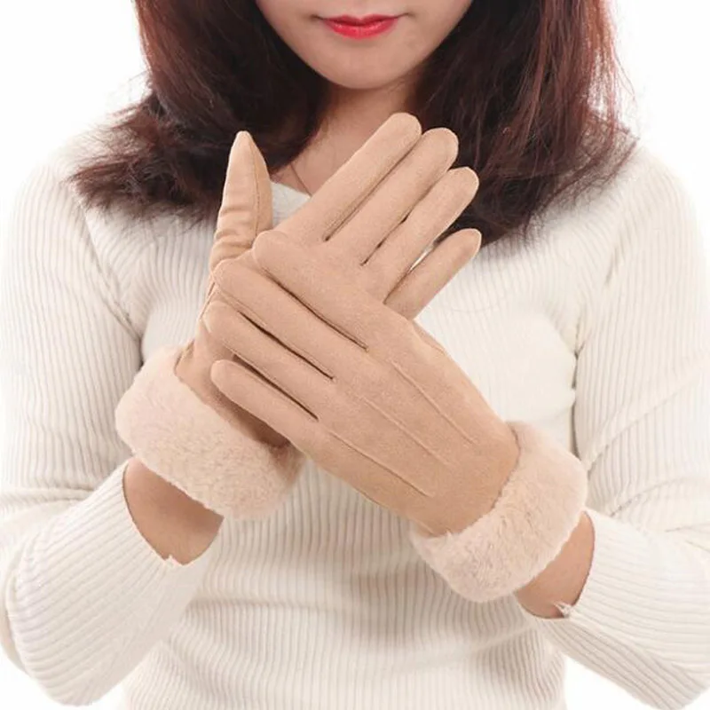 Зимние перчатки женские замшевые теплые сенсорный экран перчатки женские плюс бархатные утолщенные перчатки наружные модные одноцветные