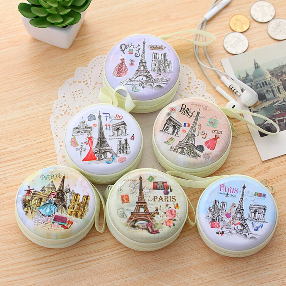 

1PC Unisex Mini Coin Bag Cute Round Headset Paris Eiffel Zipper Coin Purse Women Key cute Wallet Pouch Bag