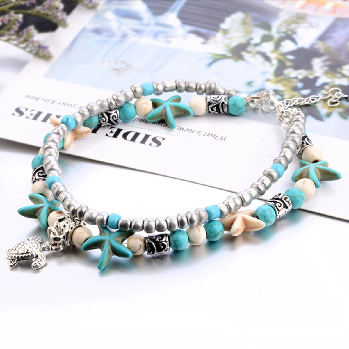 Retro Ethnic Style Sliver Plated Ankle Bracelet Starfish Beads Sea Turtle Anklet Vintage Charms Jewelry Birthday Gifts For Women