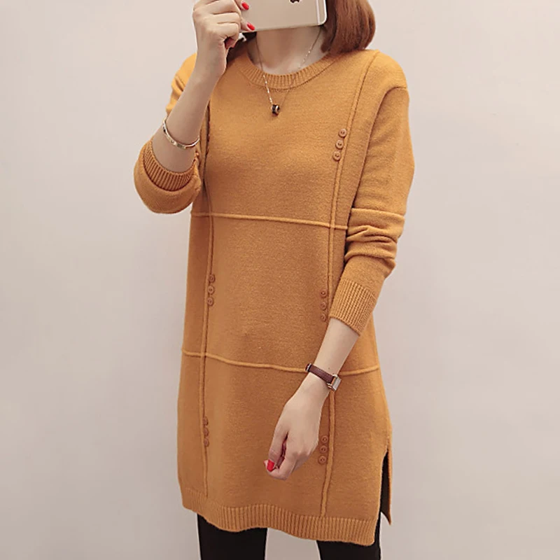 

With Buttons Women Winter Autumn Sweater O-neck Long Sleeve Knitted Female Long Pullover Casual Jumper