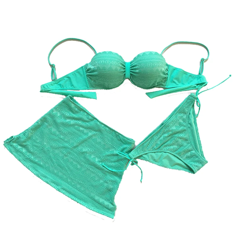 

2016 New Women High Waist Swimsuit 3 Piece Bathing Suits Set Beach Wear Underwire Push Up Bikini Swimdress T Back Swimwear