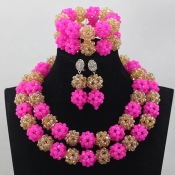 

New Amazing Hot Pink African Bead Jewelry Set Fuchsia Pink and Gold Bride Costume Crystal Jewellery Set New Free ShippingABL823